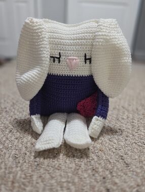 Handmade Crochet Rag Doll Bunny Plush - White & Purple with Pink Flower